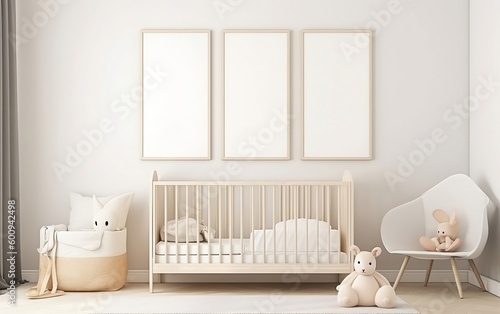 White nursery room with three blank frames mockup on the wall created with Generative AI technology