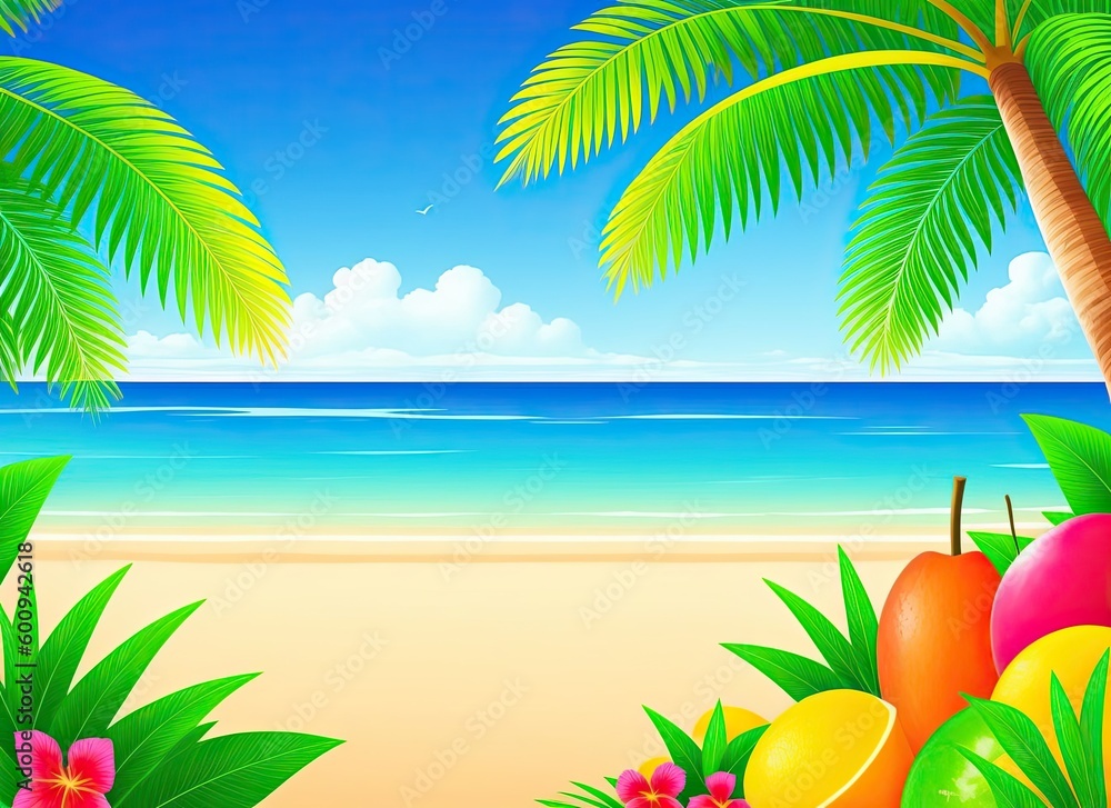 Tropical fruits and palm-trees background, generative Ai