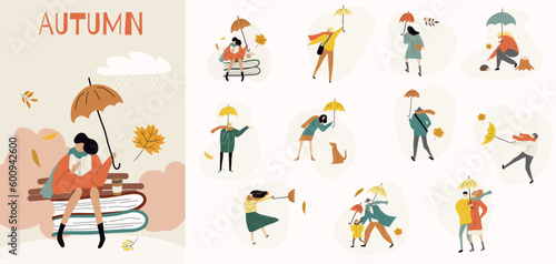 Set of autumn vector illustrations, hand drawing, in the rain, with umbrellas, women, men, animals, windy weather, girl reading a book in the rain, hobby, weather forecast, Hurricane.