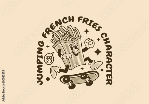 Vintage mascot character of French fries jumping on skate board