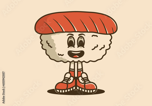 Cute vintage style drawing of sushi character with feet