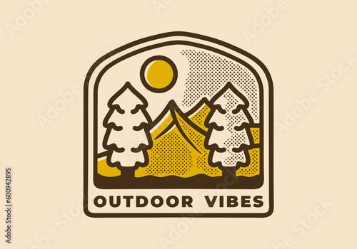 Outdoor badge design of mountain and pine trees