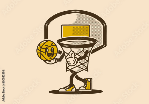 Vintage mascot character design of basket holding a ball