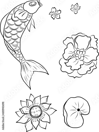 Beautiful line art of koi fish for printing on white isolated background.Japanese culture of koi fish carp vector illustration for doodle art.Koi fish for rich and wealth with Chinese new year 