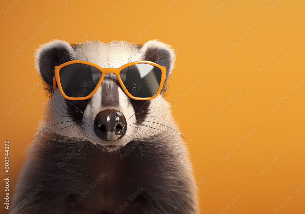 Fototapeta premium Creative animal concept. Badger in sunglass shade glasses isolated on solid pastel background, commercial, editorial advertisement, surreal surrealism. 