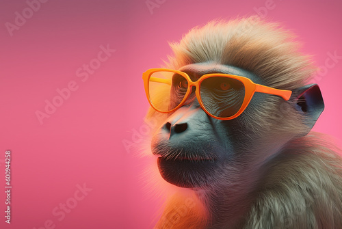 Creative animal concept. Baboon in sunglass shade glasses isolated on solid pastel background, commercial, editorial advertisement, surreal surrealism.