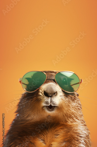 Creative animal concept. Beaver in sunglass shade glasses isolated on solid pastel background, commercial, editorial advertisement, surreal surrealism.  © Sandra Chia