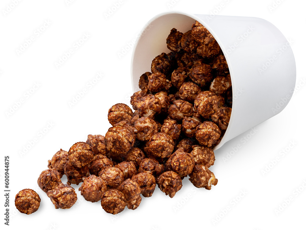 Obraz premium Chocolate Popcorn in white paper cardboard bucket isolated on white background, Chocolate Mushroom Popcorn on white With work path.