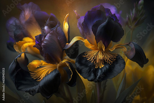 Fresh spring gold and black Iris flower blooming with blur background. Generative AI