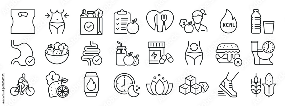 Diet and healthy life thin line icons. Editable stroke. For website marketing design, logo, app, template, ui, etc. Vector illustration. - obrazy, fototapety, plakaty 