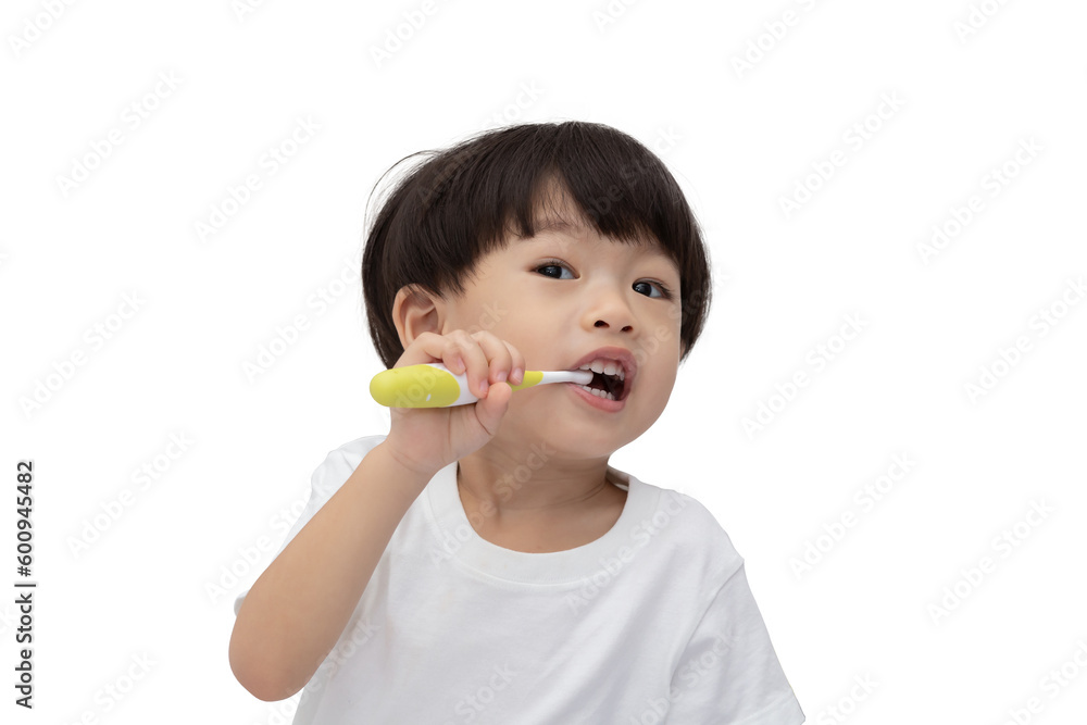 Boy wearing white t-shirt doing tooth brushing by himself . A boy wearing a white T-shirt is extracting his own tooth..Childcare, cleaning, oral and dental health Boy wearing white t-shirt doing tooth brushing by himself . A boy wearing a white T-shirt is extracting his own tooth..Childcare, cleaning, oral and dental health