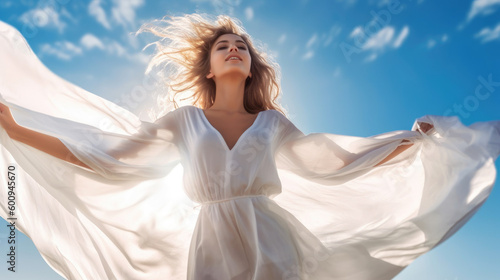 Beautiful woman dressed in a flowing white dress, captured in mid-air as if flying on the wind. Carefree girl dreaming. Generative AI 