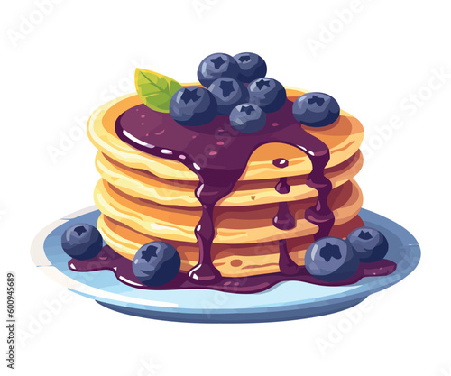 Blueberry pancakes with honey syrup and fresh fruit