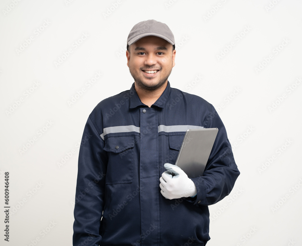 Technician workers in uniform maintenance service with tablet. Profession of service industry house repair. Home services isolated background. Technician workers in uniform maintenance service with tablet. Profession of service industry house repair. Home services isolated background.
