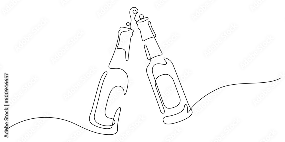 beer bottles celebratory toast happy hour in continuous line drawing minimalist concept Stock