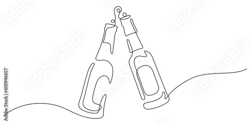 beer bottles celebratory toast happy hour in continuous line drawing minimalist concept