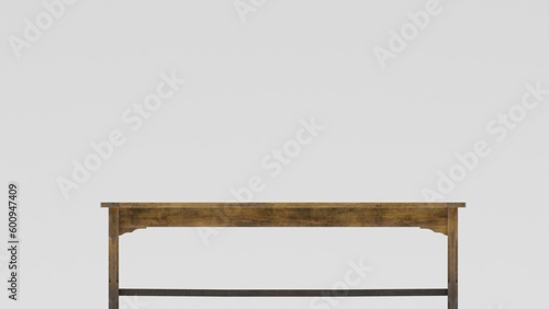 long wooden table isolated on white background in front view.
