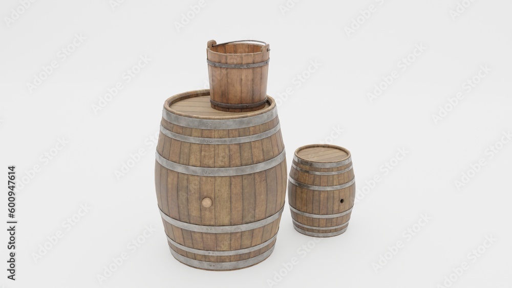 wooden wine barrel and basket isolated on white background in perspective view. wooden wine barrel and basket isolated on white background in perspective view.