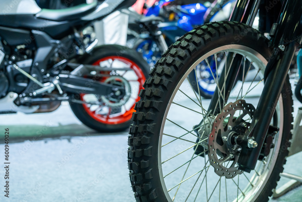 Fototapeta premium Close up motorcycle tire Big bike tire width tire size.