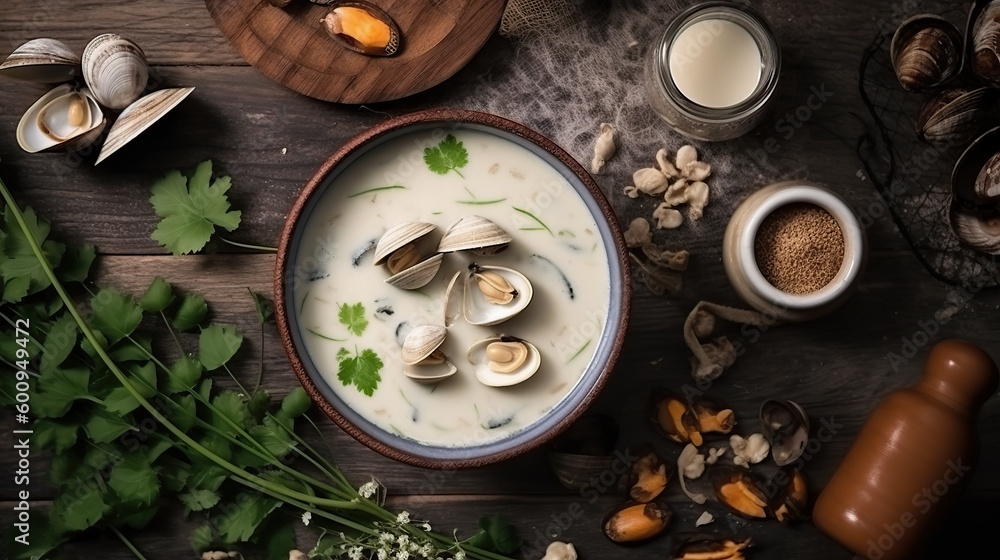 Chowder Tectures Clam chowder in a bowl, rich and creamy soup, bursting with the ...