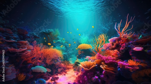 Underwater sea wold with coral, fish and colorful fishes, virtual reality world with Neon 3d Abstract Landscape inside Metaverse world with glowing neon light and glow © AIPERA