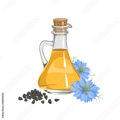 Black cumin seed oil in glass bottle. Vector cartoon illustration of healthy food. Nigella sativa flower and seeds.