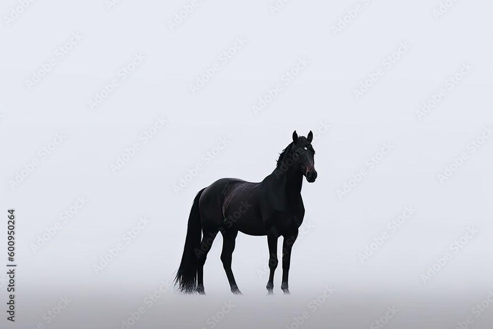 The minimalist photography of a black horse. Generative AI.