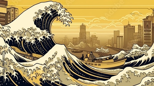 Print op canvas gilded great wave