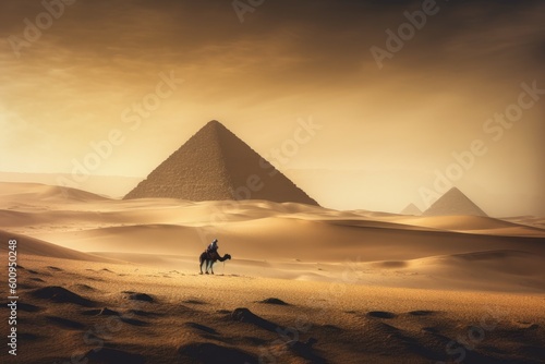 Pyramids of giza with camels. Generative AI.
