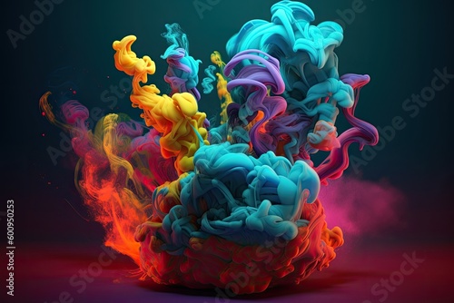 Colorful smoke explodes in the dark background. Generative AI.