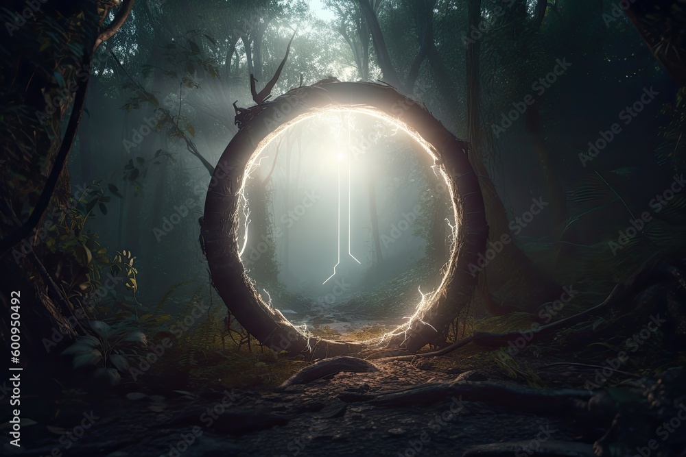 Fototapeta premium 3d render, abstract background with glowing laser ring, crystals under the jungle. Fantasy cosmic landscape. Generative AI.