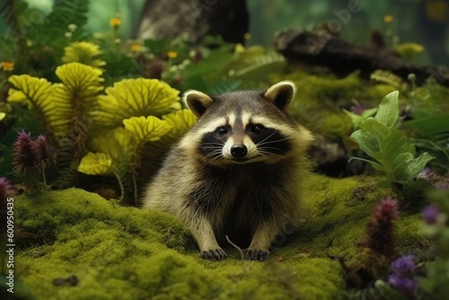 Raccoon in the forest. Generative AI.