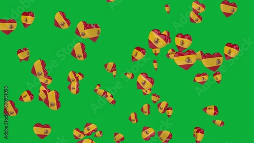 Spain flag on 3d heart. Animation of flag hearts in green screen. Country flag on 3d heart