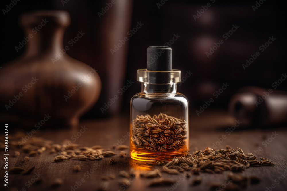 Essential oil of cumin on a wooden rustic background. Created with generative AI tools Essential oil of cumin on a wooden rustic background. Created with generative AI tools