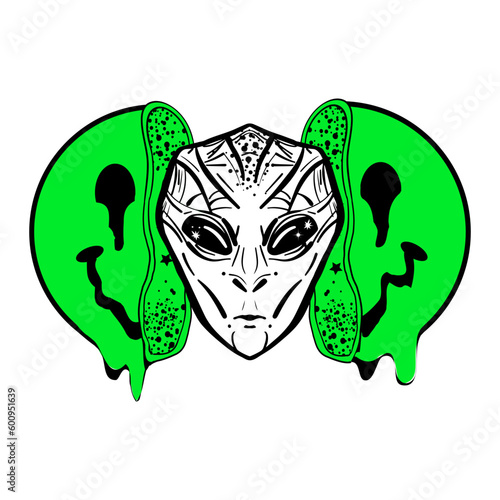 Illustration of open emoji with alien head inside. Hippie and 60s, 70s groovy fashion for invasion vector print
