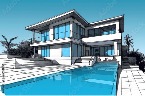modern house with a luxurious pool in the front yard Generative AI © AkuAku