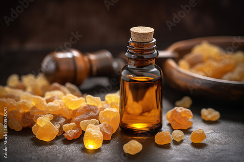 Essential oil extract Frankincense into a little bottle. Created with generative AI tools photo