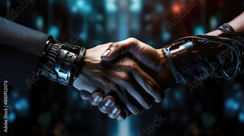 Robotic Hands greet each other, human hands replaced with robotic hands, humans replace robotic hands, robots are handshaking, hand are transplant with robotic hand © AIPERA