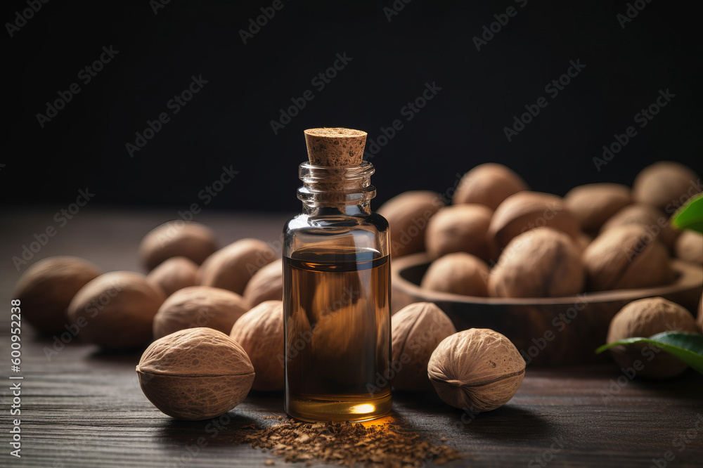 Nutmeg essential oil and fresh Nutmeg on the wooden table. Created with generative AI tools Nutmeg essential oil and fresh Nutmeg on the wooden table. Created with generative AI tools