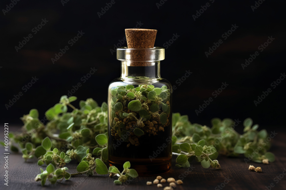A bottle of oregano essential oil with fresh oregano leaves in the background. Created with generative AI tools
A bottle of oregano essential oil with fresh oregano leaves in the background. Created with generative AI tools