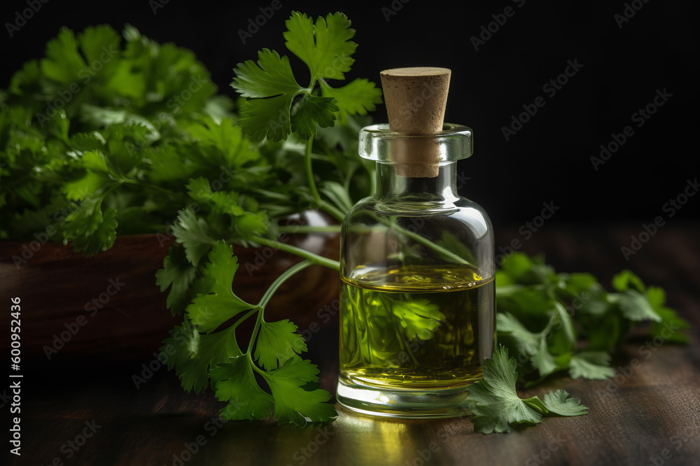 Parsley essential oil extract into a little bottle on the wooden background. Created with generative AI tools Parsley essential oil extract into a little bottle on the wooden background. Created with generative AI tools