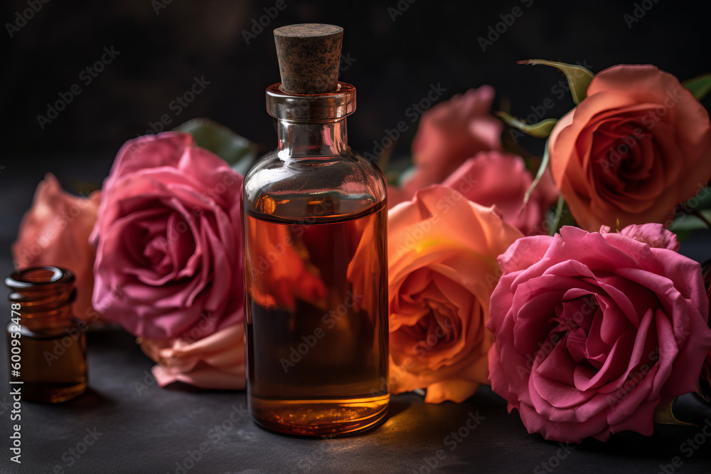 Rose essential oil and fresh rose flowers on the wooden table. Created with generative AI tools Rose essential oil and fresh rose flowers on the wooden table. Created with generative AI tools