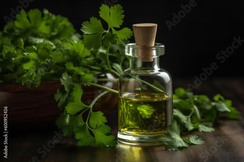 Parsley essential oil extract into a little bottle on the wooden background. Created with generative AI tools