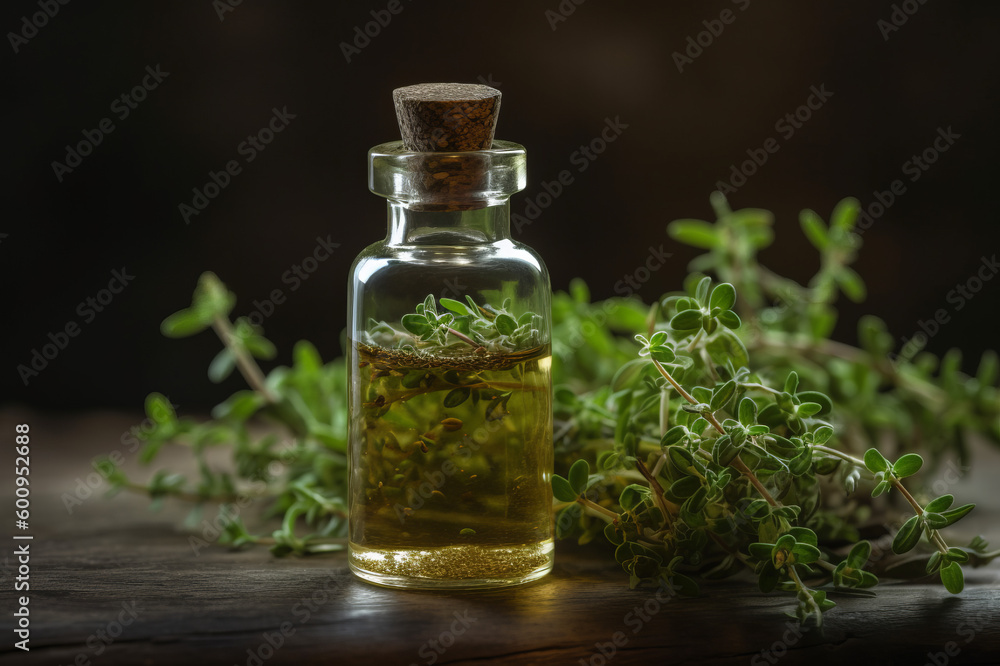 Essential oil extract Thyme White into a little bottle on wooden table. Created with generative AI tools Essential oil extract Thyme White into a little bottle on wooden table. Created with generative AI tools