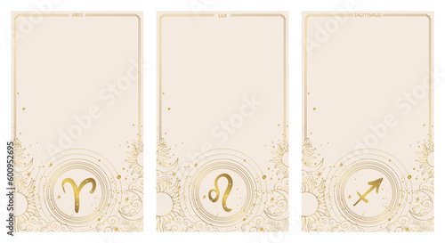  Aries, leo, sagittarius zodiac signs, fire element, astrology banner, set of vintage horoscope cards for stories, boho aesthetics, golden hand drawing on pastel background. Vector illustration.