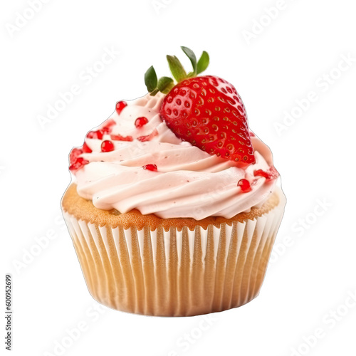 Tasty strawberry cupcake on transparent background. Generative AI