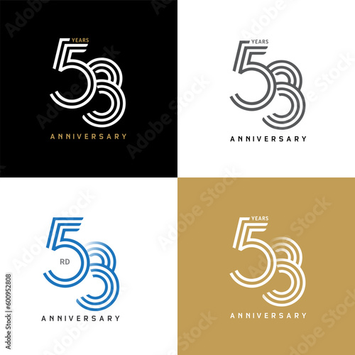 53 years anniversary vector number icon, birthday logo label, black, white and colors with stripe number