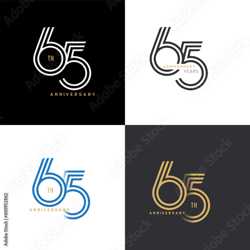 65 years anniversary vector number icon, birthday logo label, black, white and colors with stripe number