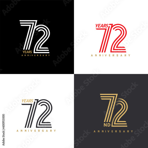 72 years anniversary vector number icon, birthday logo label, black, white and colors with stripe number