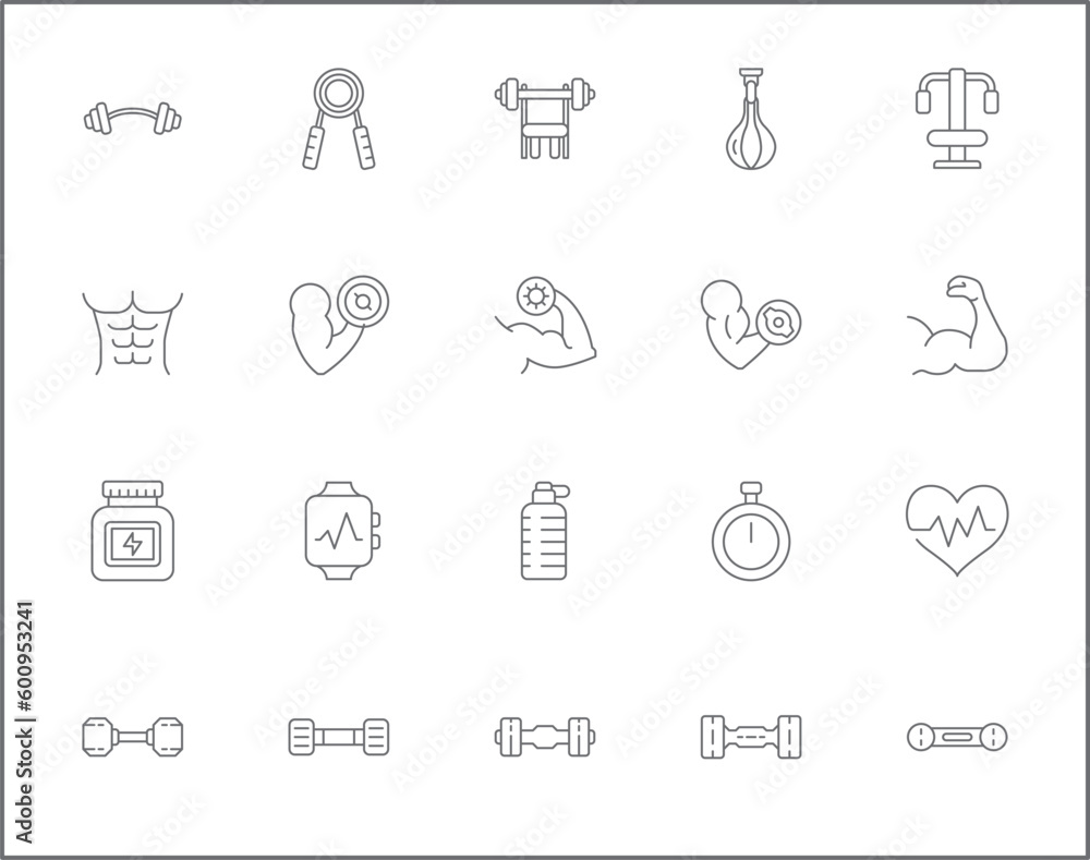 Simple Set of muscle Related Vector Line Icons. Vector collection of fitness, flexing, working out, gym, dumbbell, weight, scale, ball, healthy, measure and design elements symbols or logo element.